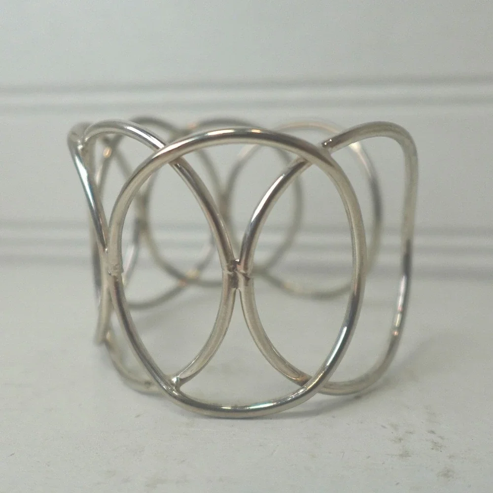 Y2K Silver Tone Wide Cuff Bracelet Open-work Chunky Circles Boho Modernist